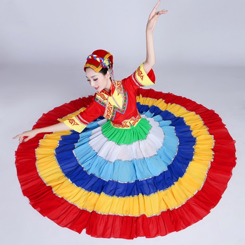 Women's chinese folk miao hmong dance dresses flamenco opening singers dancing rainbow ballroom dancing skirts 720 Degree